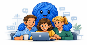 A Blue ball of string (stringy) giving a group of people a hug